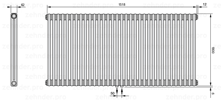 Схема (чертеж) Радиатор Zehnder Charleston 2180/33 №5410 Белый глянцевый RAL 9016